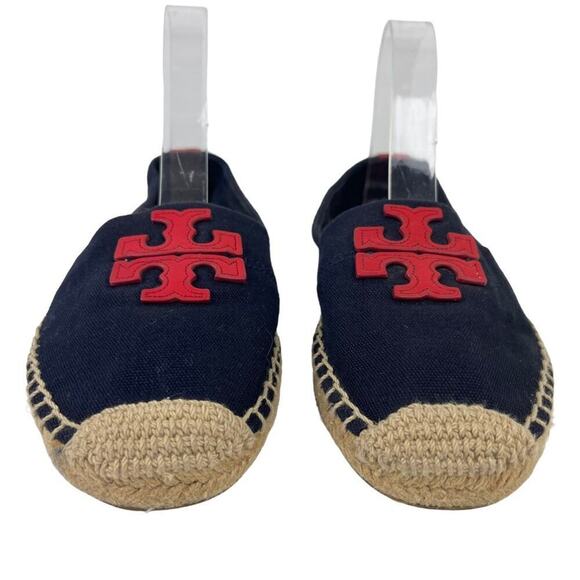 TORY BURCH Weston Navy Red Canvas Slip On Flat Espadrille Sandals Size 8M - Picture 4 of 16